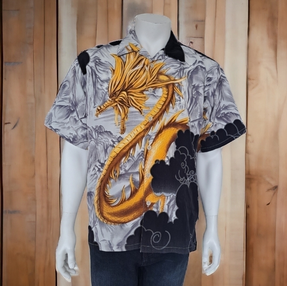 UR button up white yellow black dragon shirt short sleeve golden dragon shirt